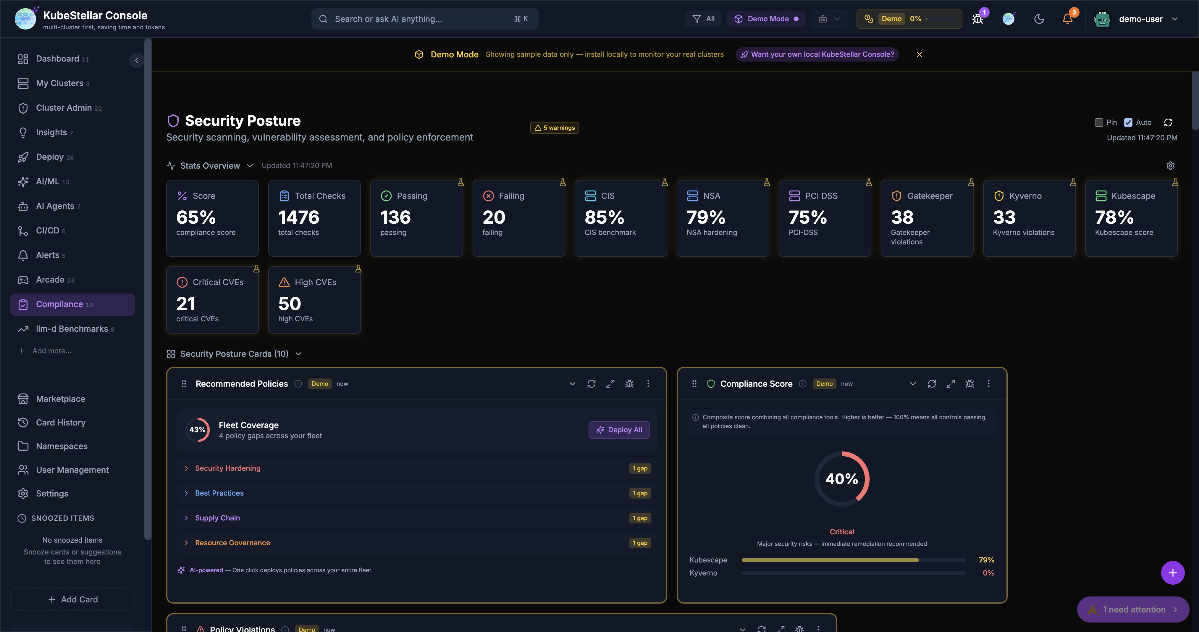 Compliance Dashboard showing Recommended Policies and Compliance Score