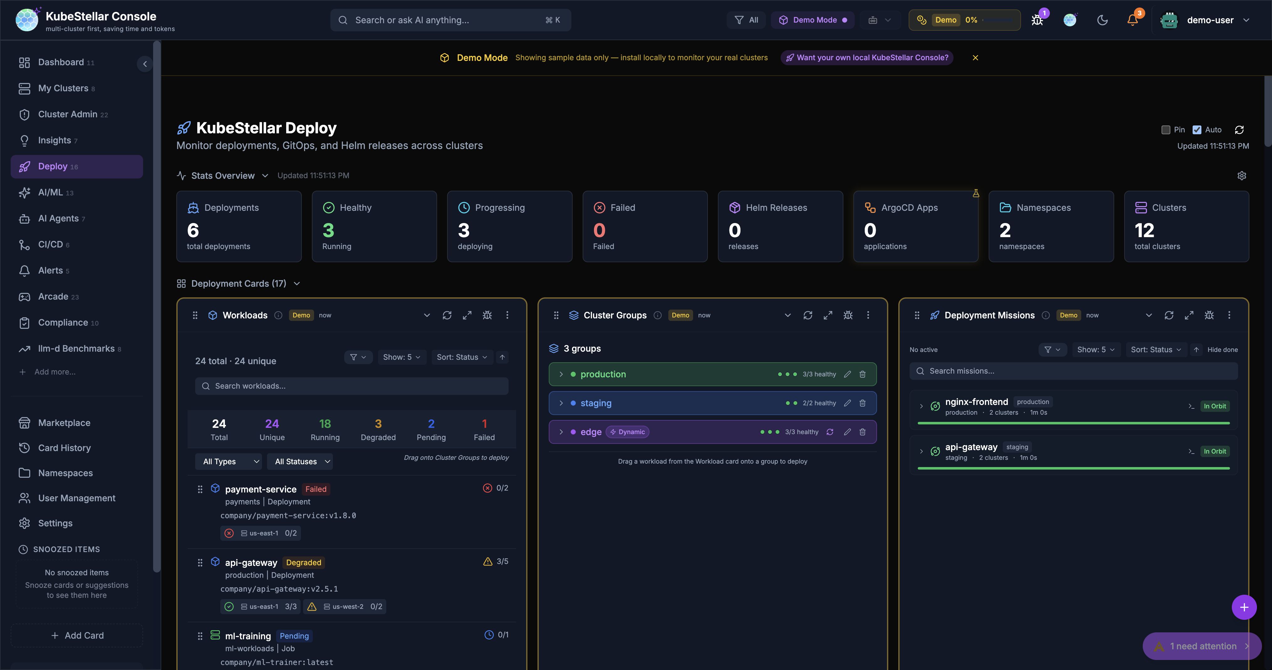 Deploy Dashboard with workloads, cluster groups, and missions